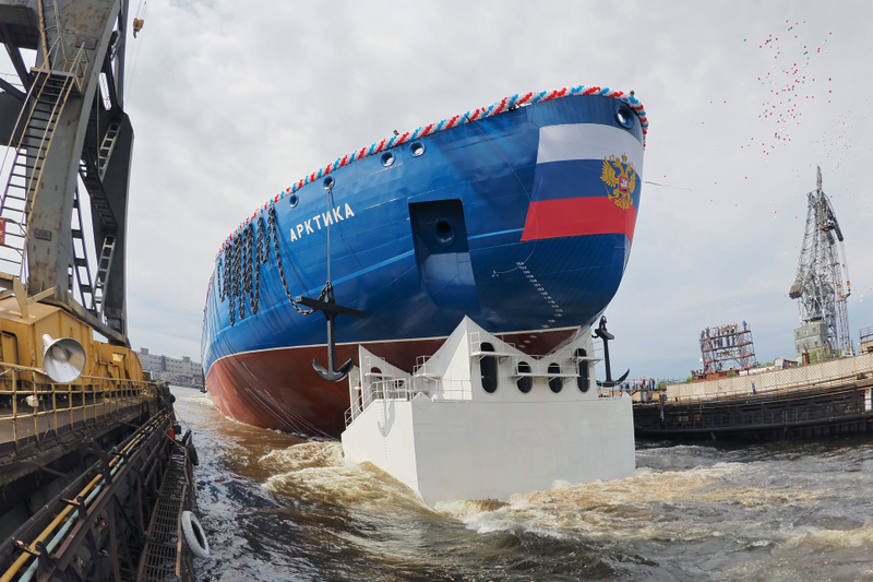 The new Russian nuclear-powered icebreaker Arktika (Arctic) launches in St. Petersburg, Russia, Thursday, June 16, 2016. Russia has been modernizing its icebreaker fleet as part of its efforts to strengthen its Arctic presence. (AP Photo/Evgeny Uvarov)